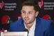 Cleveland Browns first round draft selection, Baker Mayfield, answers a question during a news conference at the Browns headquarters in Berea, Ohio, Friday, April 27, 2018. Mayfield was the first selection of the draft. (AP Photo/Phil Long)