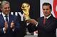 Mexican President Enrique Pena Nieto (R) and the President of Coca Cola Company Mexico Manuel Arroyo (L) unveil the FIFA World Cup trophy at the Presidential Palace of Los Pinos in Mexico City, on April 11, 2018. The FIFA World Cup trophy tours 91 cities in 51 countries during a three-month period before the start of the World Cup in Russia. / AFP PHOTO / YURI CORTEZ (Photo credit should read YURI CORTEZ/AFP/Getty Images)