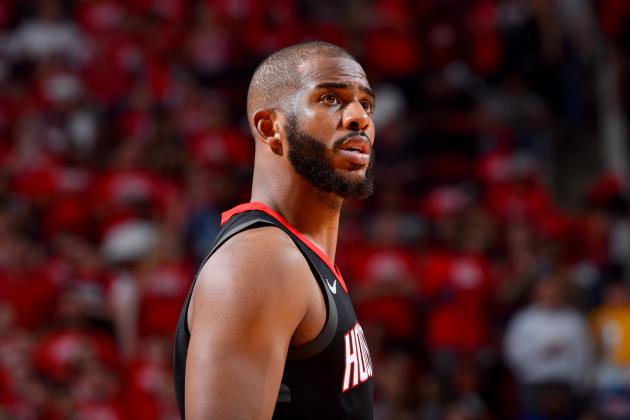 HOUSTON, TX - MAY 24: Chris Paul #3 of the Houston Rockets looks on during the game against the Golden State Warriors during Game Five of the Western Conference Finals of the 2018 NBA Playoffs on May 24, 2018 at the Toyota Center in Houston, Texas. NOTE TO USER: User expressly acknowledges and agrees that, by downloading and or using this photograph, User is consenting to the terms and conditions of the Getty Images License Agreement. Mandatory Copyright Notice: Copyright 2018 NBAE (Photo by Jesse D. Garrabrant/NBAE via Getty Images)