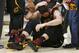 Cleveland Cavaliers' Kevin Love sits on the court while holding his head during the first half of Game 6 of the team's NBA basketball Eastern Conference finals against the Boston Celtics, Friday, May 25, 2018, in Cleveland. (AP Photo/Ron Schwane)
