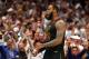 CLEVELAND, OH - MAY 25: LeBron James of the Cleveland Cavaliers reacts after a basket in the fourth quarter against the Boston Celtics during Game Six of the 2018 NBA Eastern Conference Finals at Quicken Loans Arena on May 25, 2018 in Cleveland, Ohio. NOTE TO USER: User expressly acknowledges and agrees that, by downloading and or using this photograph, User is consenting to the terms and conditions of the Getty Images License Agreement. (Photo by Gregory Shamus/Getty Images)