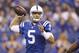 Indianapolis Colts quarterback Josh Freeman (5) looks to throw against the Tennessee Titans during the first half of an NFL football game in Indianapolis, Sunday, Jan. 3, 2016. (AP Photo/Michael Conroy)