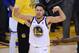 OAKLAND, CA - MAY 26: Klay Thompson #11 of the Golden State Warriors reacts after scoring against the Houston Rockets during Game Six of the Western Conference Finals in the 2018 NBA Playoffs at ORACLE Arena on May 26, 2018 in Oakland, California. NOTE TO USER: User expressly acknowledges and agrees that, by downloading and or using this photograph, User is consenting to the terms and conditions of the Getty Images License Agreement. (Photo by Thearon W. Henderson/Getty Images)