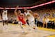OAKLAND, CA - MAY 20: Andre Iguodala #9 of the Golden State Warriors handles the ball against the Houston Rockets in Game Three of the Western Conference Finals of the 2018 NBA Playoffs on May 20, 2018 at ORACLE Arena in Oakland, California. NOTE TO USER: User expressly acknowledges and agrees that, by downloading and or using this photograph, user is consenting to the terms and conditions of Getty Images License Agreement. Mandatory Copyright Notice: Copyright 2018 NBAE (Photo by Noah Graham/NBAE via Getty Images)