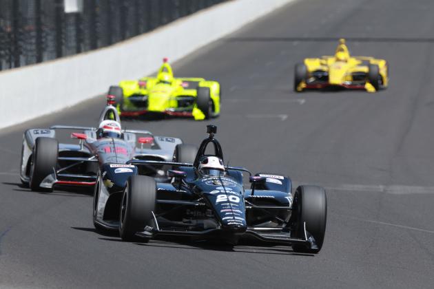 Ed Carpenter leads Will Power, of Australia, into the first turn during the final practice session for the IndyCar Indianapolis 500 auto race at Indianapolis Motor Speedway, in Indianapolis Friday, May 25, 2018. (AP Photo/R Brent Smith)