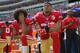 SANTA CLARA, CA - OCTOBER 02: (L-R) Eli Harold #58, Colin Kaepernick #7 and Eric Reid #35 of the San Francisco 49ers kneel on the sideline during the National Anthem prior to the game against the Dallas Cowboys at Levi's Stadium on October 2, 2016 in Santa Clara, California. (Photo by Thearon W. Henderson/Getty Images)