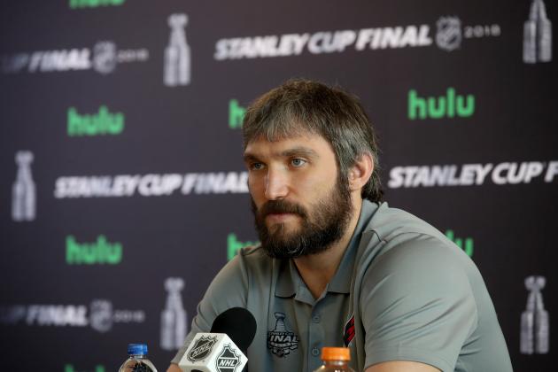 LAS VEGAS, NV - MAY 27:  Alex Ovechkin #8 of the Washington Capitals answers questions during Media Day for the 2018 NHL Stanley Cup Final at T-Mobile Arena on May 27, 2018 in Las Vegas, Nevada.  (Photo by Bruce Bennett/Getty Images)