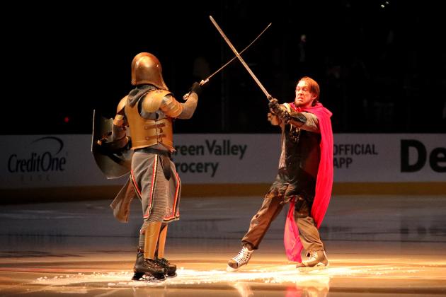 LAS VEGAS, NV - MAY 28:  The Golden Knight performs with the Washington Capitals swordsman prior to Game One of the 2018 NHL Stanley Cup Final between the Vegas Golden Knights and the Washington Capitals at T-Mobile Arena on May 28, 2018 in Las Vegas, Nevada.  (Photo by Bruce Bennett/Getty Images)