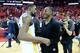 HOUSTON, TX - MAY 28: Kevin Durant #35 and Andre Iguodala #9 of the Golden State Warriors talk after Game Seven of the Western Conference Finals against the Houston Rockets during the 2018 NBA Playoffs on May 28, 2018 at the Toyota Center in Houston, Texas. NOTE TO USER: User expressly acknowledges and agrees that, by downloading and/or using this photograph, user is consenting to the terms and conditions of the Getty Images License Agreement. Mandatory Copyright Notice: Copyright 2018 NBAE (Photo by Noah Graham/NBAE via Getty Images)