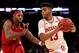 NEW YORK, NY - MARCH 01: Juwan Morgan #13 of the Indiana Hoosiers drives to the basket against Deshawn Freeman #33 of the Rutgers Scarlet Knights in the second half during the second round of the Big Ten Basketball Tournament at Madison Square Garden on March 1, 2018 in New York City (Photo by Abbie Parr/Getty Images)