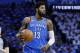 Oklahoma City Thunder forward Paul George (13) during Game 5 of an NBA basketball first-round playoff series between the Utah Jazz and the Oklahoma City Thunder n Oklahoma City, Wednesday, April 25, 2018. (AP Photo/Sue Ogrocki)