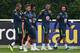 (L-R) Brazil's striker Douglas Costa, Brazil's striker Neymar, Brazil's midfielder Willian, Brazil's midfielder Paulinho and Brazil's defender Marcelo take part in a training session at Tottenham Hotspur's Enfield Training Centre, north-east of London, on May 30, 2018 ahead their international friendly football match against Croatia. (Photo by Ben STANSALL / AFP) (Photo credit should read BEN STANSALL/AFP/Getty Images)