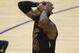 Cleveland Cavaliers forward LeBron James reacts to a call during the second half of Game 1 of basketball's NBA Finals between the Golden State Warriors and the Cavaliers in Oakland, Calif., Thursday, May 31, 2018. (AP Photo/Ben Margot)