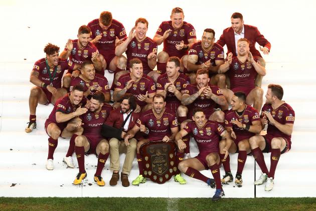 BRISBANE, AUSTRALIA - JULY 12:  Queensland celebrate with the trophy after game three of the State Of Origin series between the Queensland Maroons and the New South Wales Blues at Suncorp Stadium on July 12, 2017 in Brisbane, Australia.  (Photo by Ryan Pierse/Getty Images)