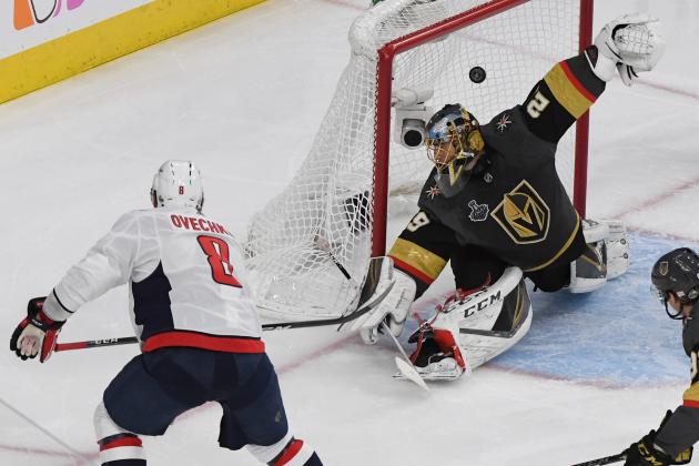 LAS VEGAS, NV - MAY 30:  Alex Ovechkin #8 of the Washington Capitals scores a second-period goal against Marc-Andre Fleury #29 of the Vegas Golden Knights in Game Two of the 2018 NHL Stanley Cup Final at T-Mobile Arena on May 30, 2018 in Las Vegas, Nevada. The Capitals defeated the Golden Knights 3-2.  (Photo by Ethan Miller/Getty Images)