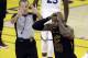 Cleveland Cavaliers forward LeBron James (23) reacts to a call during the second half of Game 1 of basketball's NBA Finals between the Golden State Warriors and the Cavaliers in Oakland, Calif., Thursday, May 31, 2018. (AP Photo/Marcio Jose Sanchez)