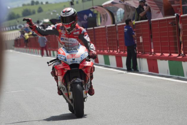 SCARPERIA, ITALY - JUNE 02:  Jorge Lorenzo of Spain and Ducati Team  celebrates the second place in MotoGP at the end of the qualifying practice during the MotoGp of Italy - Qualifying at Mugello Circuit on June 2, 2018 in Scarperia, Italy.  (Photo by Mirco Lazzari gp/Getty Images)