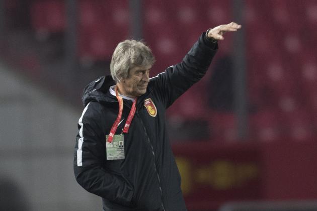 LANGFANG, CHINA - APRIL 07:  Manuel Pellegrini of Hebei China Fortune looks on piror to the 2018 Chinese Super League match between Hebei China Fortune and Changchun Yatai at Langfang Sports Center on April 7, 2018 in Langfang, China.  (Photo by XIN LI/Getty Images)