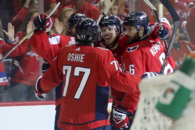 WASHINGTON, DC - JUNE 04:  Michal Kempny #6 of the Washington Capitals is congratulated by his teammates after scoring a third-period goal against the Vegas Golden Knights in Game Four of the 2018 NHL Stanley Cup Final at Capital One Arena on June 4, 2018 in Washington, DC.  (Photo by Bruce Bennett/Getty Images)