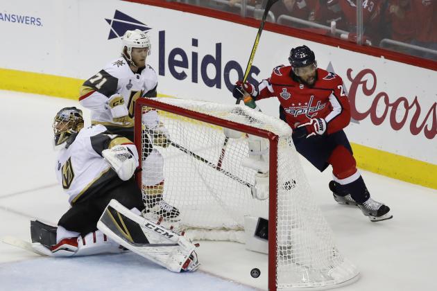 Washington Capitals forward Devante Smith-Pelly (25) celebrates his goal against Vegas Golden Knights goaltender Marc-Andre Fleury (29) during the first period in Game 4 of the NHL hockey Stanley Cup Final, Monday, June 4, 2018, in Washington. (AP Photo/Pablo Martinez Monsivais)