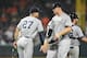 BALTIMORE, MD - JUNE 01: Giancarlo Stanton #27 and Aaron Judge #99 of the New York Yankees celebrate a win against the Baltimore Orioles at Oriole Park at Camden Yards on June 1, 2018 in Baltimore, Maryland. (Photo by Mitchell Layton/Getty Images)