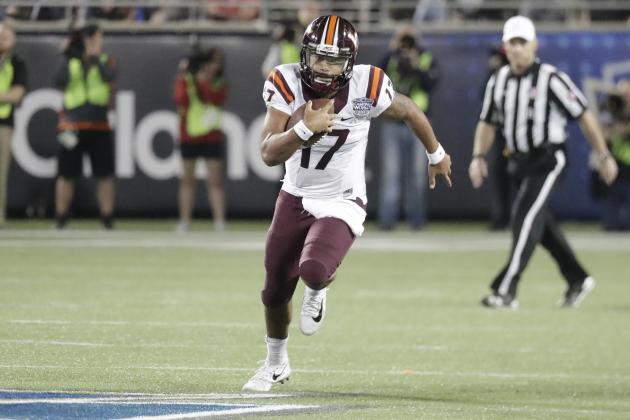 Virginia Tech quarterback Josh Jackson (17) scrambles against Oklahoma State during the second half of the Camping World Bowl NCAA college football game, Thursday, Dec. 28, 2017, in Orlando, Fla. Oklahoma State won 30-21.(AP Photo/John Raoux)