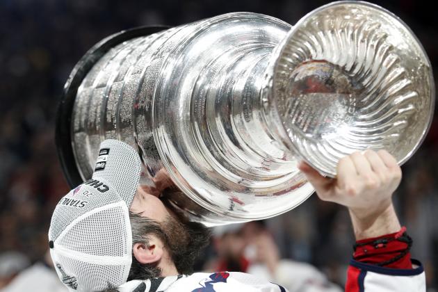 Washington Capitals left wing Alex Ovechkin, of Russia, kisses the Stanley Cup after the Capitals defeated the Golden Knights in Game 5 of the NHL hockey Stanley Cup Finals Thursday, June 7, 2018, in Las Vegas. (AP Photo/John Locher)