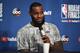 CLEVELAND, OH - JUNE 07: LeBron James of the Cleveland Cavaliers of the Golden State Warriors addresses the media during practice and media availability as part of the 2018 NBA Finals on June 07, 2018 at Quicken Loans Arena in Cleveland, Ohio. NOTE TO USER: User expressly acknowledges and agrees that, by downloading and or using this photograph, User is consenting to the terms and conditions of the Getty Images License Agreement. Mandatory Copyright Notice: Copyright 2018 NBAE (Photo by Garrett Ellwood/NBAE via Getty Images)