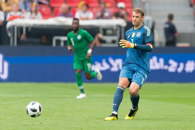 LEVERKUSEN, GERMANY - JUNE 08: Goalkeeper Manuel Neuer of Germany controls the ball during the international friendly match between Germany and Saudi Arabia at BayArena on June 8, 2018 in Leverkusen, Germany. (Photo by TF-Images/Getty Images)