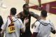 Cleveland Cavaliers' LeBron James greets teammates he took out in the second half of Game 4 in the basketball NBA final, Friday, June 8, 2018, in Cleveland. The warriors defeated the cavalrys 108-85. (AP Photo / Carlos Osorio)