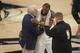 SAN ANTONIO, TX - JANUARY 23: LeBron James #23 of the Cleveland Cavaliers high fives Gregg Popovich of the San Antonio Spurs on January 23, 2018 at the AT&T Center in San Antonio, Texas. NOTE TO USER: User expressly acknowledges and agrees that, by downloading and/or using this photograph, user is consenting to the terms and conditions of the Getty Images License Agreement. Mandatory Copyright Notice: Copyright 2018 NBAE (Photo by Darren Carroll/NBAE via Getty Images)