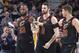 CLEVELAND, OH - APRIL 18: LeBron James #23, Kevin Love #0, and Kyle Korver #26 of the Cleveland Cavaliers react during game against the Indiana Pacers in Game Two of Round One during the 2018 NBA Playoffs on April 18, 2018 at Quicken Loans Arena in Cleveland, Ohio. NOTE TO USER: User expressly acknowledges and agrees that, by downloading and/or using this photograph, user is consenting to the terms and conditions of the Getty Images License Agreement. Mandatory Copyright Notice: Copyright 2018 NBAE (Photo by David Liam Kyle/NBAE via Getty Images)