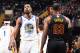 CLEVELAND, OH - JUNE 8: LeBron James #23 of the Cleveland Cavaliers and Kevin Durant #35 of the Golden State Warriors looks on during Game Four of the 2018 NBA Finals on June 8, 2018 at Quicken Loans Arena in Cleveland, Ohio. NOTE TO USER: User expressly acknowledges and agrees that, by downloading and or using this Photograph, user is consenting to the terms and conditions of the Getty Images License Agreement. Mandatory Copyright Notice: Copyright 2018 NBAE (Photo by Andrew D. Bernstein/NBAE via Getty Images)