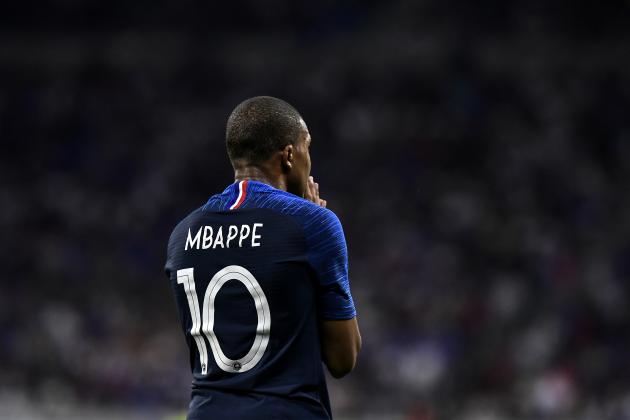 France's forward Kylian MBappe reacts during the friendly football match between France and USA at the at the Parc Olympique lyonnais stadium in Decines-Charpieu, near Lyon on June 9, 2018. (Photo by JEFF PACHOUD / AFP)        (Photo credit should read JEFF PACHOUD/AFP/Getty Images)