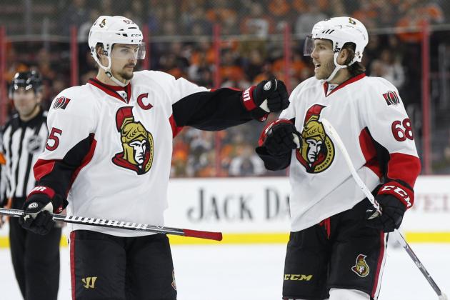 Ottawa Senators' Mike Hoffman (68) celebrates his power play goal with  Erik Karlsson (65), of Sweden, during the third period of an NHL hockey game against the Philadelphia Flyers, Saturday, April 2, 2016, in Philadelphia. The Flyers won 3-2. (AP Photo/Chris Szagola)