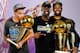CLEVELAND, OH - JUNE 8: Andre Iguodala #9, Klay Thompson #11, Stephen Curry #30, Draymond Green #23, and Kevin Durant #35 of the Golden State Warriors pose with the Larry O'Brien Championship Trophy after Game Four of the 2018 NBA Finals against the Cleveland Cavaliers on June 8, 2018 at Quicken Loans Arena in Cleveland, Ohio. NOTE TO USER: User expressly acknowledges and agrees that, by downloading and/or using this photograph, user is consenting to the terms and conditions of the Getty Images License Agreement. Mandatory Copyright Notice: Copyright 2018 NBAE (Photo by Nathaniel S. Butler/NBAE via Getty Images)