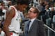 TORONTO, CANADA - APRIL 17: Lucas Nogueira #92 and Assistant Coach Nick Nurse speak during the game against the Washington Wizards in Game Two of Round One of the 2018 NBA Playoffs on April 17, 2018 at the Air Canada Centre in Toronto, Ontario, Canada. NOTE TO USER: User expressly acknowledges and agrees that, by downloading and or using this Photograph, user is consenting to the terms and conditions of the Getty Images License Agreement. Mandatory Copyright Notice: Copyright 2018 NBAE (Photo by Ron Turenne/NBAE via Getty Images)