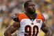 Cincinnati Bengals defensive end Michael Johnson (90) during the first half of an NFL football game against the Pittsburgh Steelers in Pittsburgh, Sunday, Oct. 22, 2017. (AP Photo/Keith Srakocic)