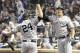 New York Yankees' Aaron Judge, right, celebrates his home run with teammate Gary Sanchez (24) during the eighth inning of a baseball game against the New York Mets Saturday, June 9, 2018, in New York. (AP Photo/Bill Kostroun)