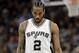 San Antonio Spurs' Kawhi Leonard (2) walks up court during the first half in Game 5 of an NBA basketball second-round playoff series against the Houston Rockets on Tuesday, May 9, 2017, in San Antonio. (AP Photo/Eric Gay)
