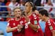 Denmark's forward Yussuf Poulsen (C) celebrates with teammates after scoring a goal during the Russia 2018 World Cup Group C football match between Peru and Denmark at the Mordovia Arena in Saransk on June 16, 2018. (Photo by Jack GUEZ / AFP) / RESTRICTED TO EDITORIAL USE - NO MOBILE PUSH ALERTS/DOWNLOADS (Photo credit should read JACK GUEZ/AFP/Getty Images)