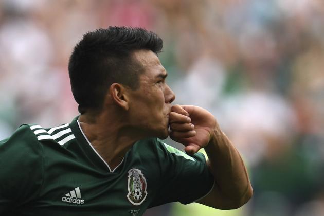 Mexico's forward Hirving Lozano celebrates after scoring a goal during the Russia 2018 World Cup Group F football match between Germany and Mexico at the Luzhniki Stadium in Moscow on June 17, 2018. (Photo by Patrik STOLLARZ / AFP) / RESTRICTED TO EDITORIAL USE - NO MOBILE PUSH ALERTS/DOWNLOADS        (Photo credit should read PATRIK STOLLARZ/AFP/Getty Images)