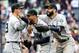 NEW YORK, NY - MAY 28: J.D. Davis #28,George Springer #4 and Marwin Gonzalez #9 of the Houston Astros celebrate the win over the New York Yankees at Yankee Stadium on May 28, 2018 in the Bronx borough of New York City.MLB players across the league are wearing special uniforms to commemorate Memorial Day.The Houston Astros defeated the New York Yankees 5-1. (Photo by Elsa/Getty Images)
