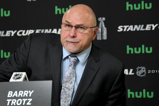 LAS VEGAS, NV - MAY 28:  Head coach Barry Trotz of the Washington Capitals speaks to the media after his team's 6-4 loss to the Vegas Golden Knights in Game One of the 2018 NHL Stanley Cup Final at T-Mobile Arena on May 28, 2018 in Las Vegas, Nevada.  (Photo by Ethan Miller/Getty Images)