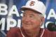 Florida State coach Mike Martin smiles as he speaks to reporters after an NCAA college baseball tournament regional game against UAB on Friday, June 1, 2012, in Tallahassee, Fla. FSU won 2-1. (AP Photo/Phil Sears)