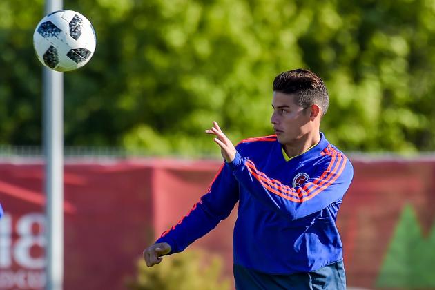Colombia's midfielder James Rodriguez takes part in a training session in Kazan on June 17, 2018, ahead of their Russia 2018 World Cup Group H football match against Japan. (Photo by LUIS ACOSTA / AFP) (Photo credit should read LUIS ACOSTA/AFP/Getty Images)