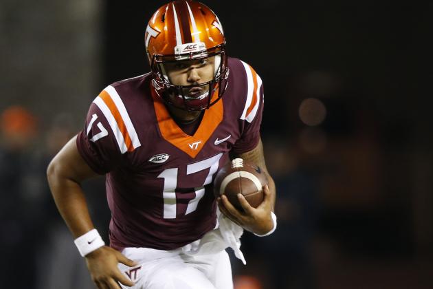 Virginia Tech quarterback Josh Jackson (17) runs downfield during the first half of an NCAA college football game in Blacksburg, Va., Saturday, Oct. 28, 2017. (AP Photo/Steve Helber)