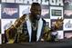 WBC Heavyweight Champion Deontay Wilder speaks at a press conference before the GEICO 500 NASCAR Talladega auto race at Talladega Superspeedway, Sunday, April 29, 2018, in Talladega, Ala. (AP Photo/Butch Dill)