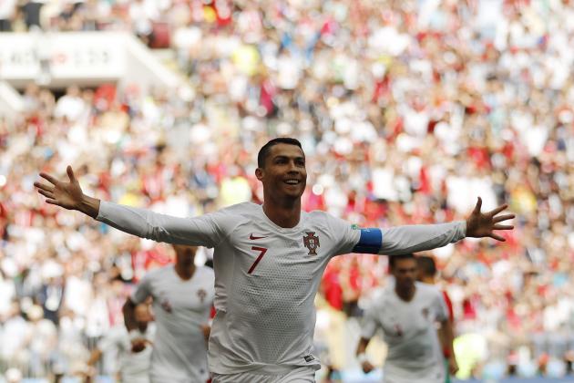 Portugal's Cristiano Ronaldo celebrates after scoring the opening goal during the group B match between Portugal and Morocco at the 2018 soccer World Cup in the Luzhniki Stadium in Moscow, Russia, Wednesday, June 20, 2018. (AP Photo/Francisco Seco)