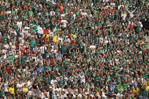 Mexico supporters watch the group F match between Germany and Mexico at the 2018 soccer World Cup in the Luzhniki Stadium in Moscow, Russia, Sunday, June 17, 2018. (AP Photo/Victor R. Caivano)